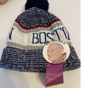 Vintage Bell Helmets Motorcycle PomPom Beanie Knit BlueWhite & Pop JohnPaul2 Pin